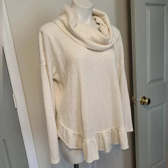 Maeve by Anthropologie Cowl Neck Addie Ruffled Hacci Pullover Ivory/Cream Top(M) - Picture 3 of 12